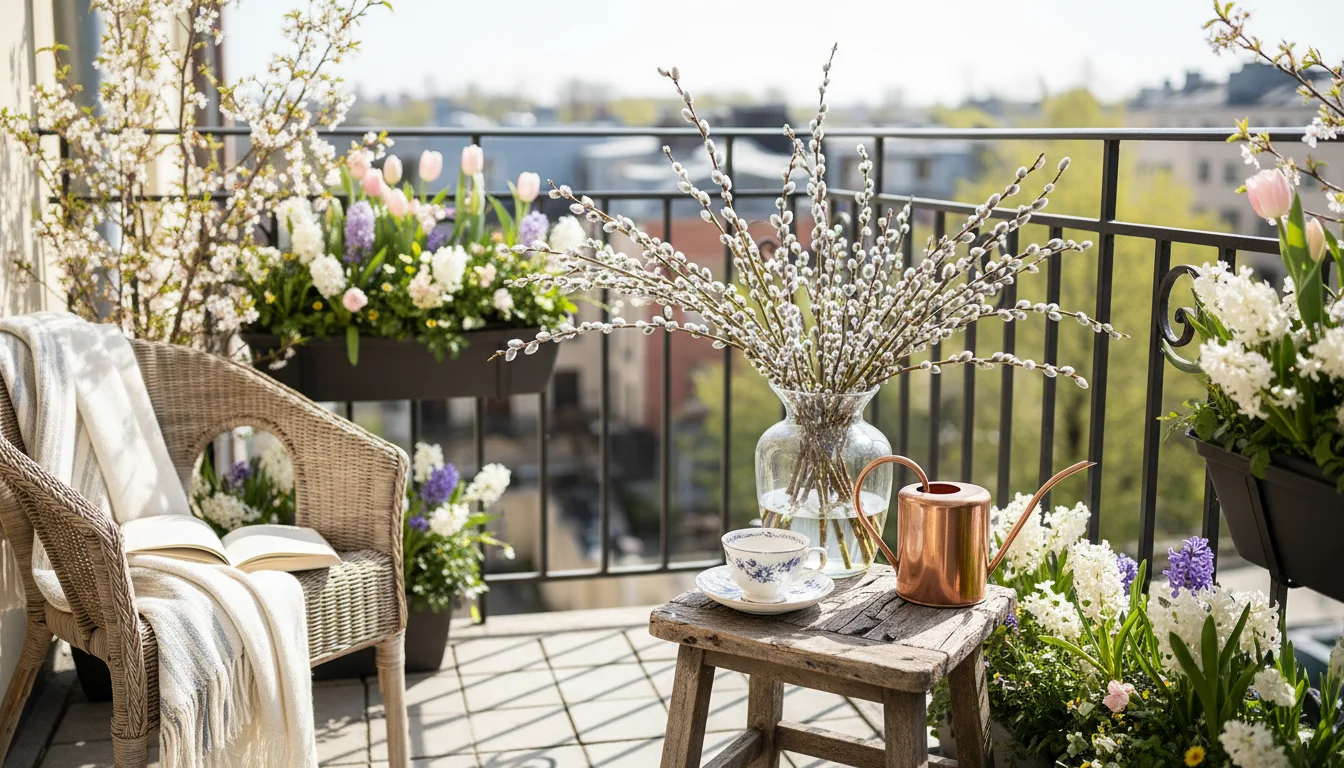 Fluffy pussy willow branches in a clear glass vase on a wooden stool, with a copper watering can and snips, on a sunlit balcony.