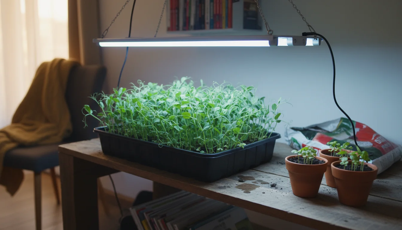 A T5 fluorescent grow light fixture illuminates a tray of bright green pea shoots and emerging basil seedlings on a wooden shelf in a small apartment.