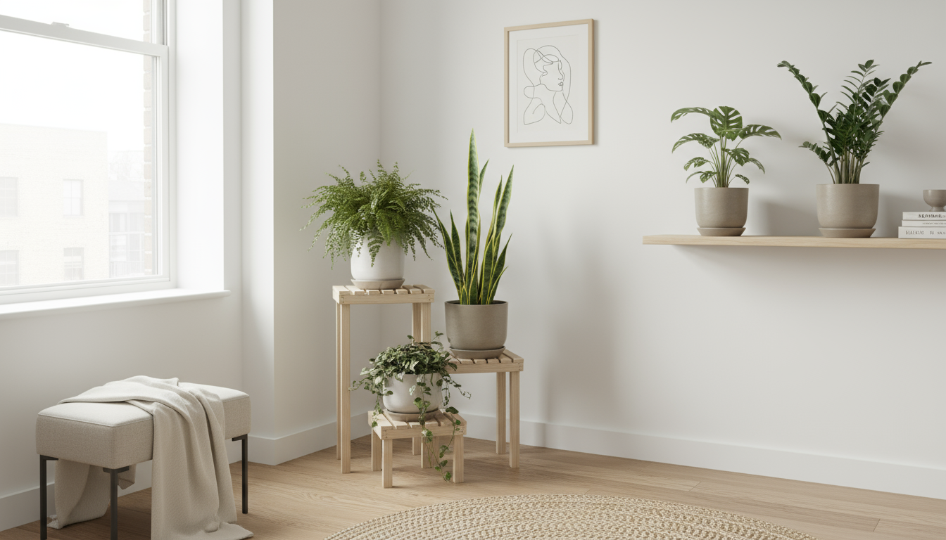 Close-up of a Calathea 'Medallion' in a pot with several leaves showing crispy brown edges, while a small humidifier gently mists in the blurred backg