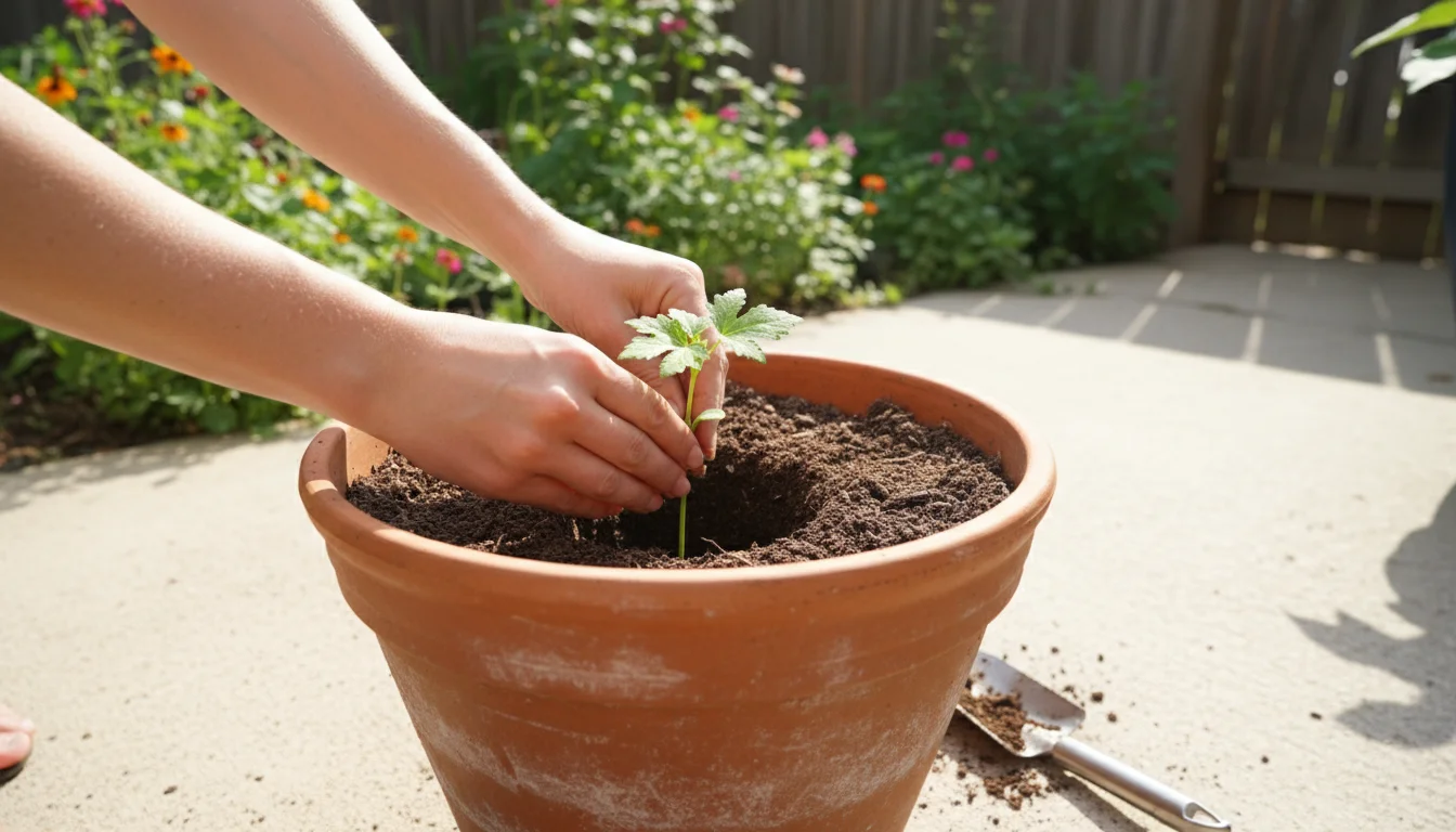 Focused hands gently placing a small okra seedling into a deep terracotta pot filled with potting mix on a sunlit urban balcony floor.