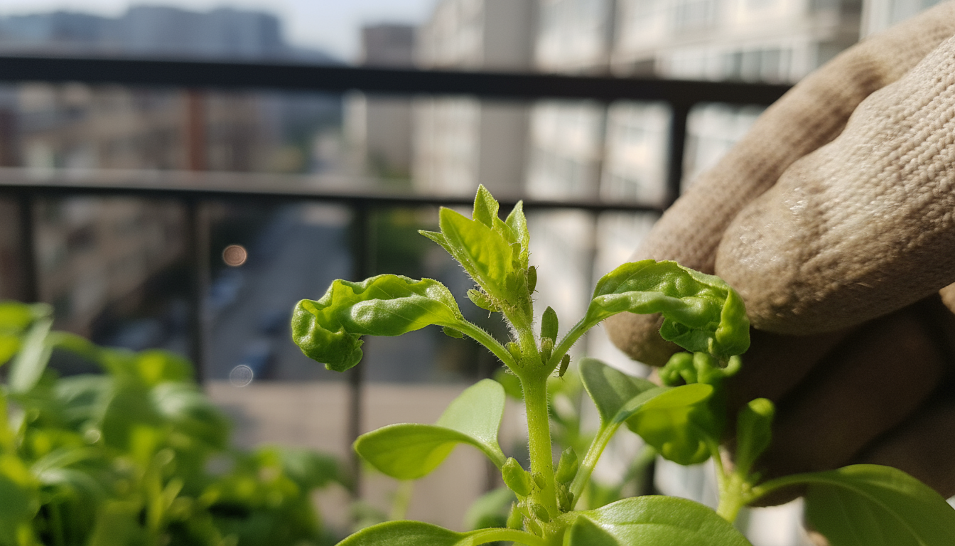 Hands gently flush a stressed basil plant in a pot on a balcony railing; some leaves show pale, yellowed tips from over-fertilization.