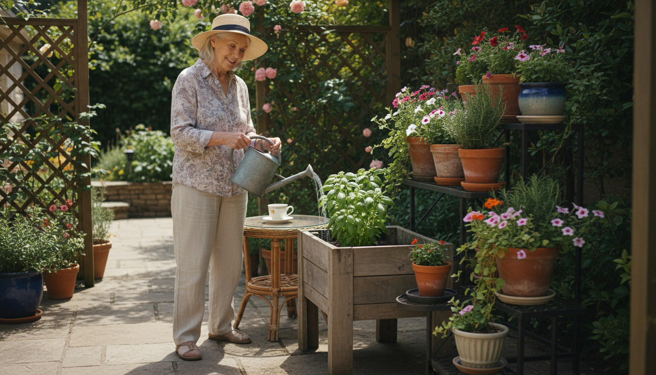 A senior's hand gently tests the soil moisture of a thriving potted basil plant on a sunny patio, with a finger inserted into the soil.