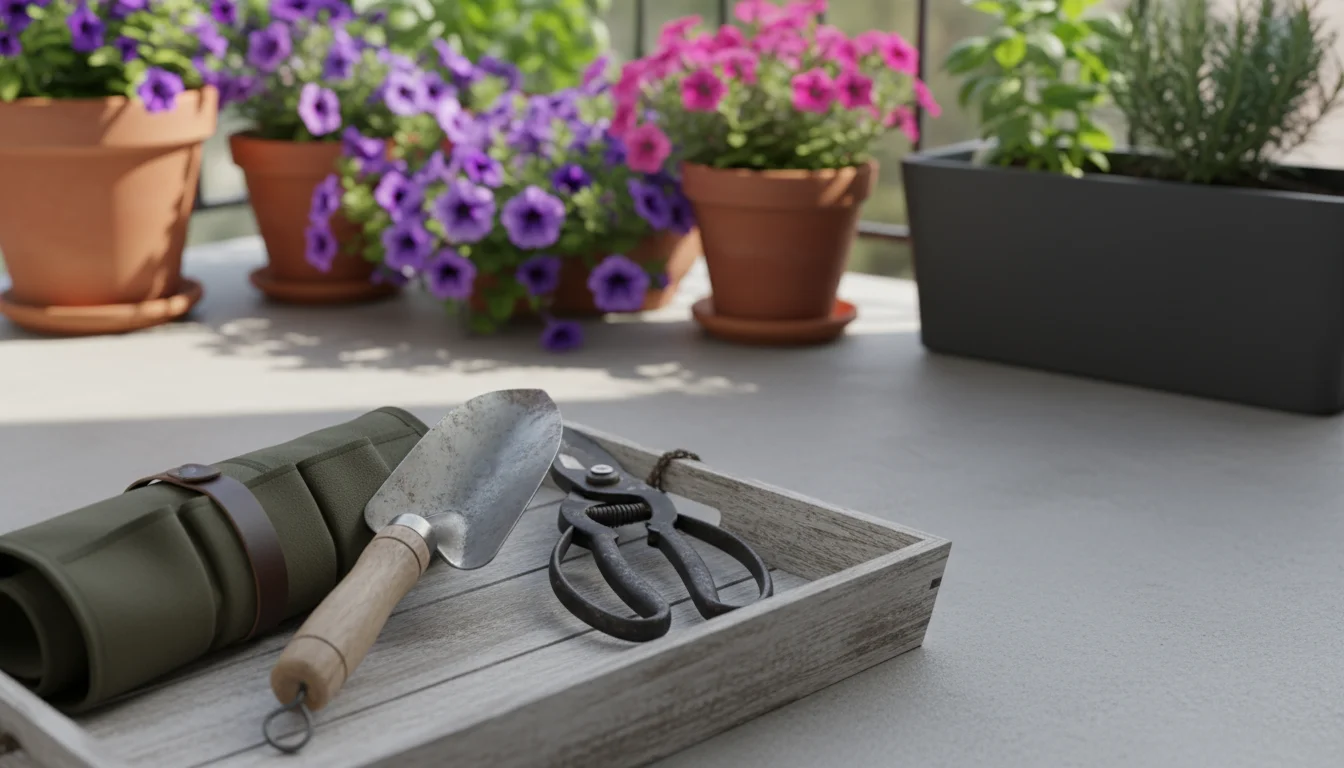 Folding hand trowel, multi-functional shears, and a rolled-up tool organizer in a wooden tray on a patio, with container plants in background.