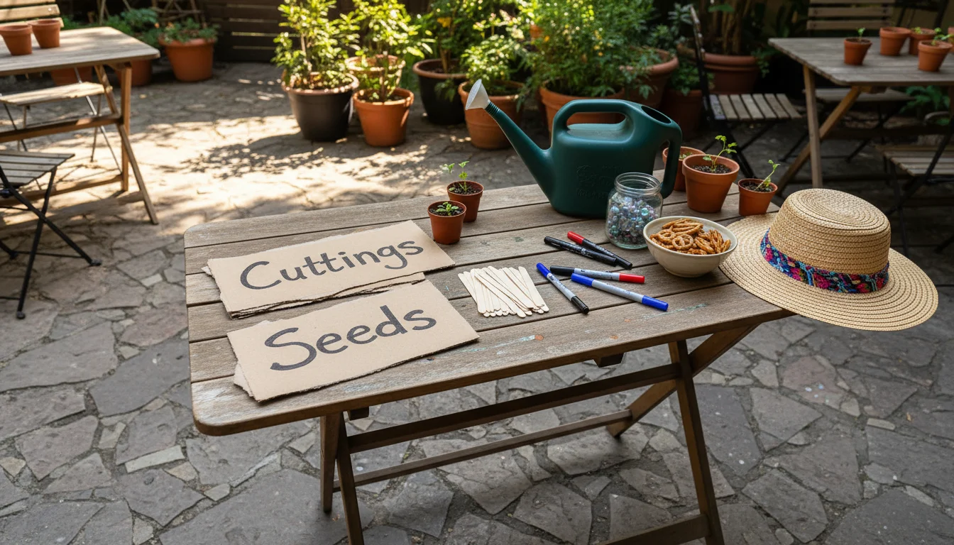 A folding table displays homemade signs, markers, Popsicle sticks, a watering can, snacks, and hand sanitizer on a patio.