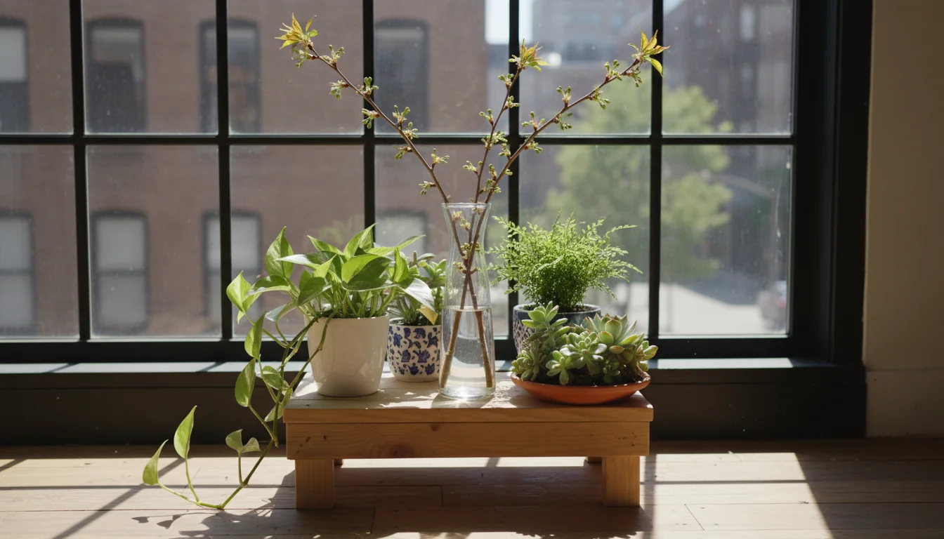 Eye-level shot of forced branches with green buds in a clear vase on a plant stand, surrounded by houseplants. A hand places a copper misting bottle n
