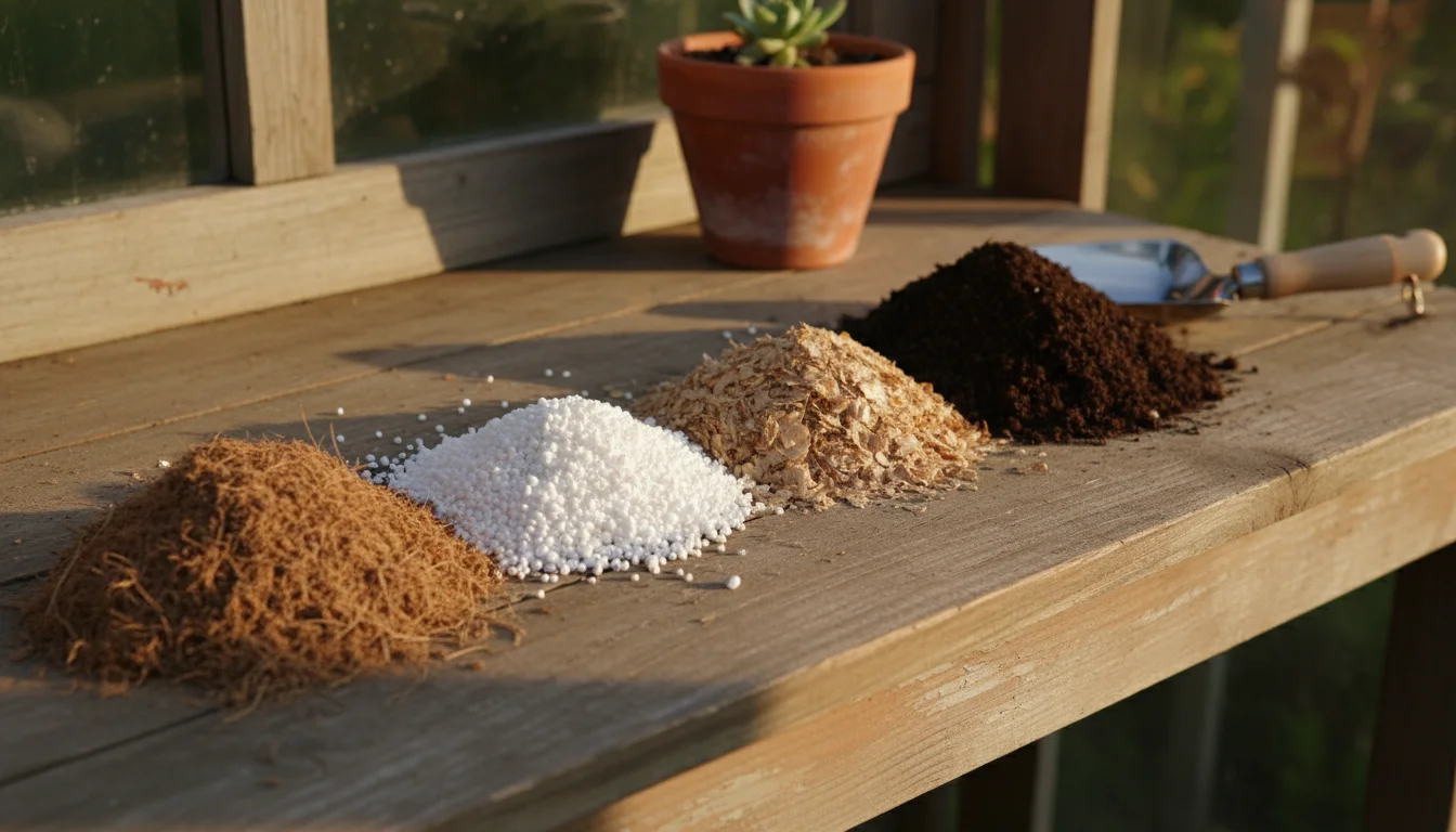 Four distinct piles of potting soil ingredients – fluffy coir, white perlite, shimmering vermiculite, and dark compost – on a wooden bench with a scoo