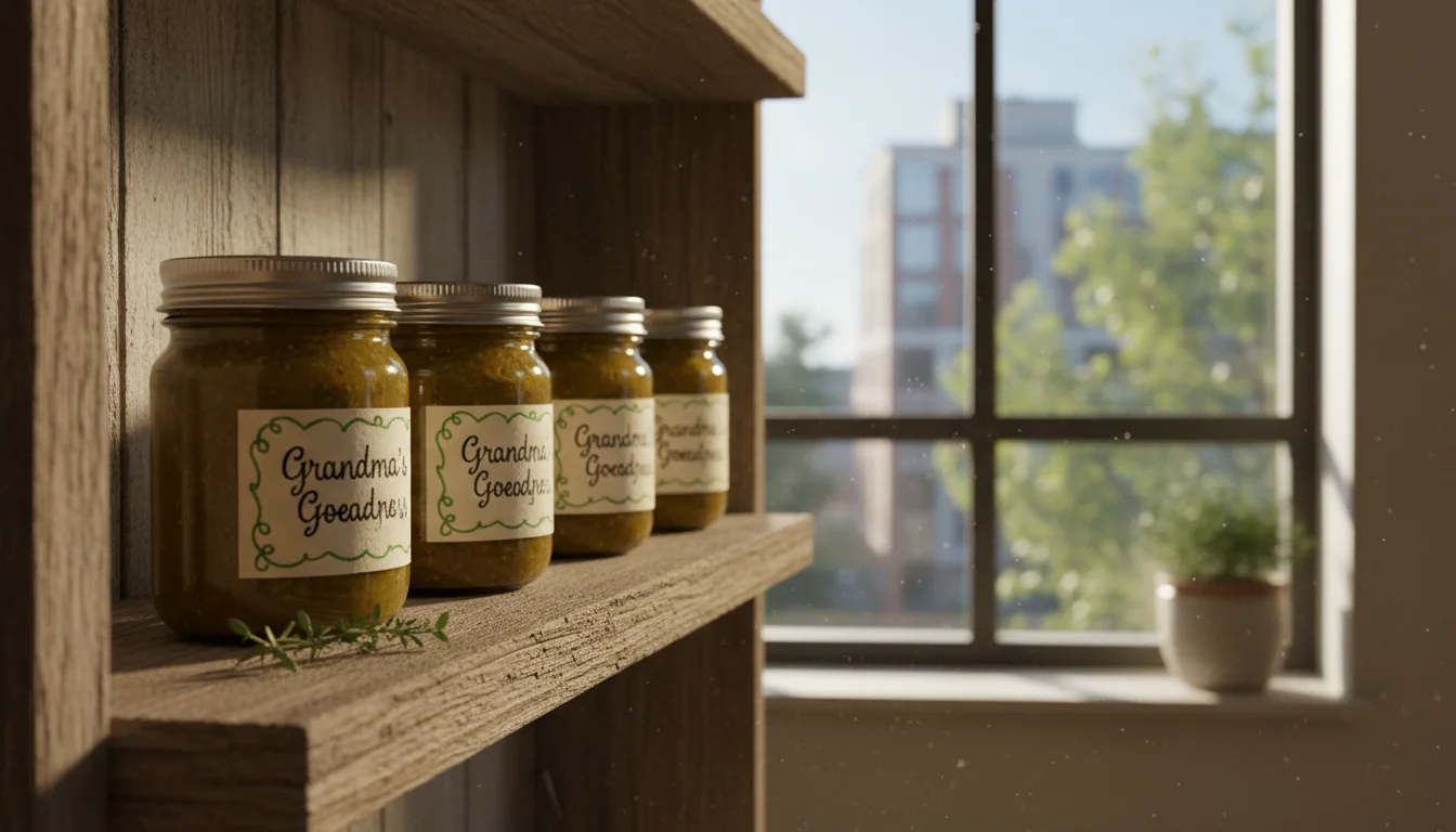 Four glass jars of green tomato relish with handwritten labels on a wooden shelf. A small herb sprig lies nearby, with balcony plants visible through 