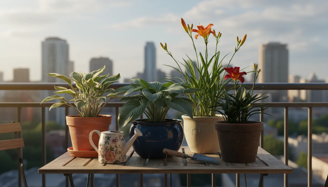 Four healthy, newly potted perennial divisions in diverse containers on a rustic wooden balcony table in soft morning light.