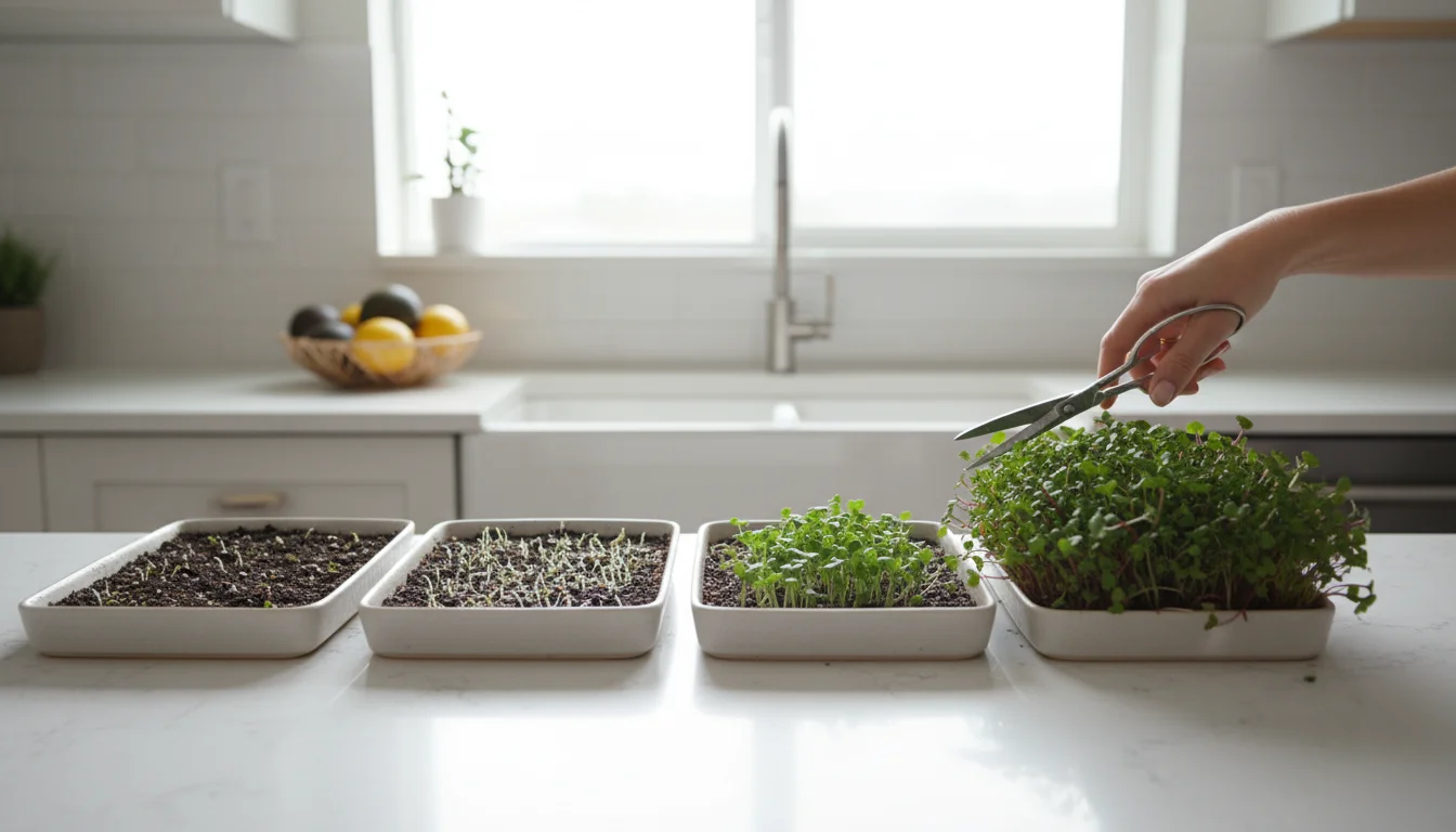 Four small trays on a kitchen counter show microgreens from newly sown seeds to a full, ready-to-harvest batch, with a hand poised to snip.