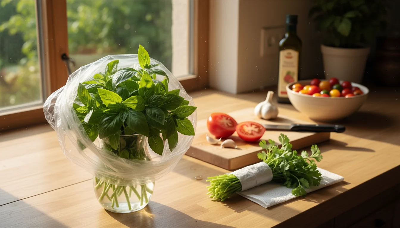 Fresh basil stems in a glass of water and cilantro wrapped in a damp paper towel in a container on a kitchen counter, with a patio herb garden visible