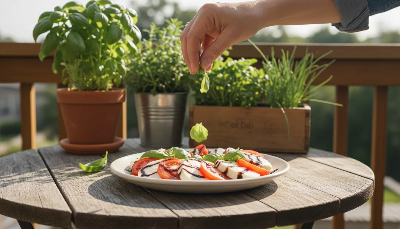 Fresh Caprese salad on a patio table with hand sprinkling basil. Potted basil, oregano, chives thrive on a railing in background, natural light.