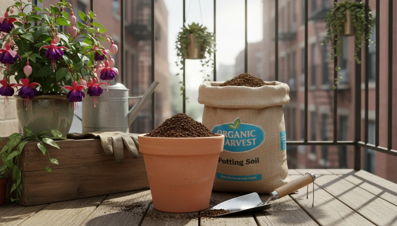 Fresh potting mix in a terracotta pot, a trowel, an open bag of soil, and a gardening journal on an urban balcony.