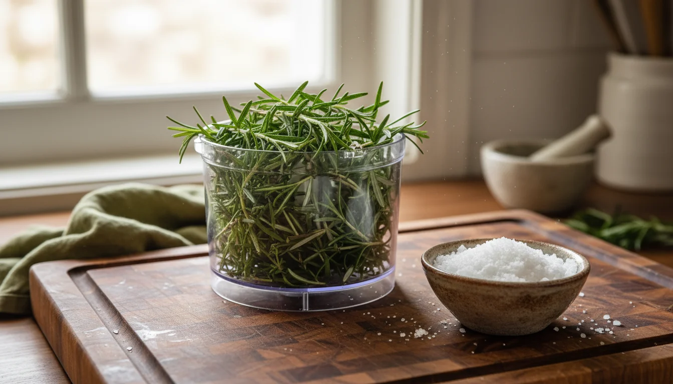 Fresh rosemary and thyme sprigs inside an open food processor, next to a ceramic bowl of coarse sea salt on a wooden cutting board.