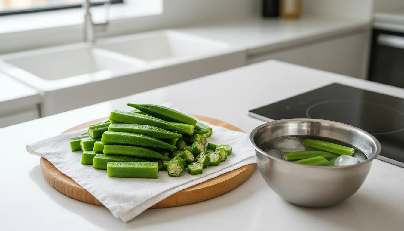 Freshly blanched whole and sliced okra pods drying on a towel next to an ice bath in a compact urban kitchen, ready for freezing.