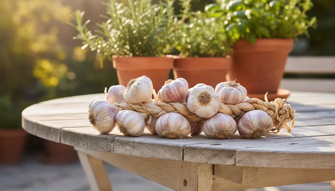 A freshly braided string of vibrant softneck garlic bulbs rests on a rustic wooden patio table, with sunlit potted herbs blurred in the background.