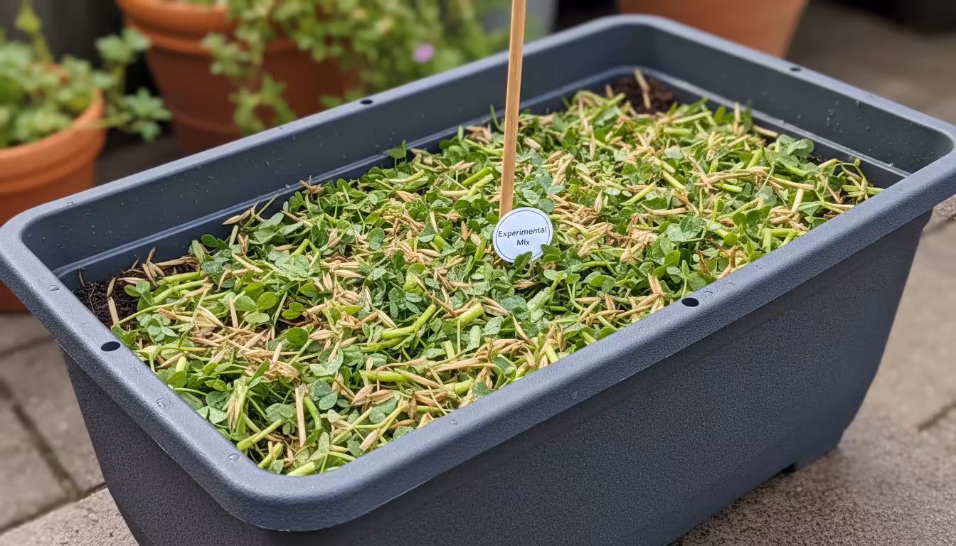 Close-up of freshly chopped green cover crop pieces mulching the soil in a dark grey container, with a hand resting on the rim.