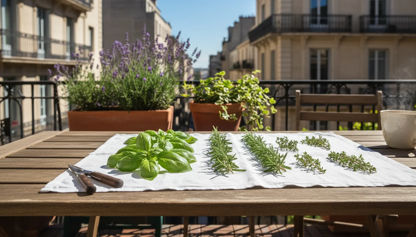 Freshly harvested basil, rosemary, thyme drying on a white tea towel on a wooden patio table. Herb snips next to them, balcony containers blurred back