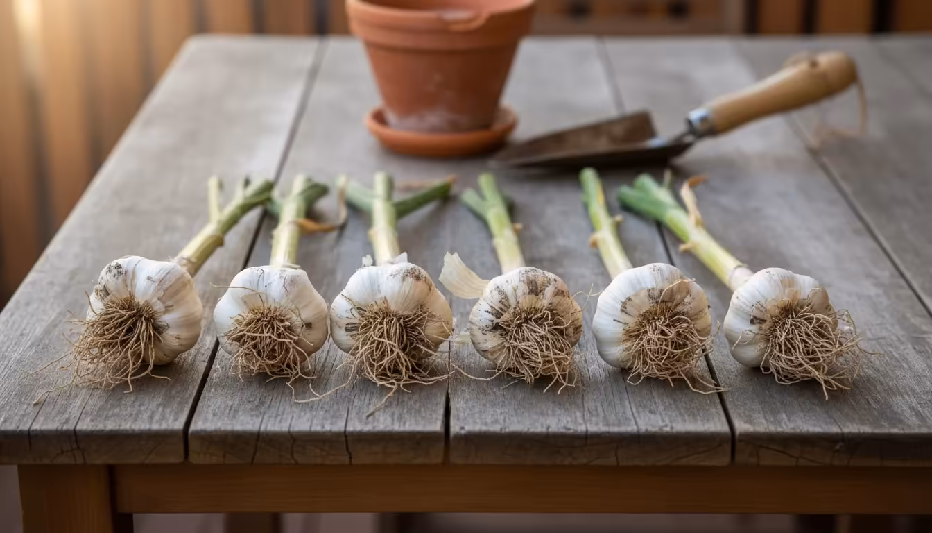 Freshly harvested garlic bulbs with stalks and roots laid on a wooden balcony table, ready for curing.