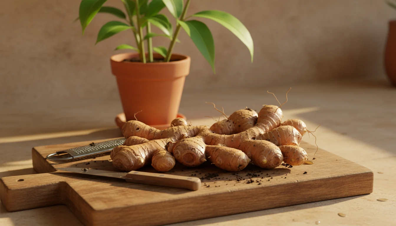 Freshly harvested ginger rhizomes on a wooden cutting board with a knife and zester, a potted ginger plant in soft focus behind.