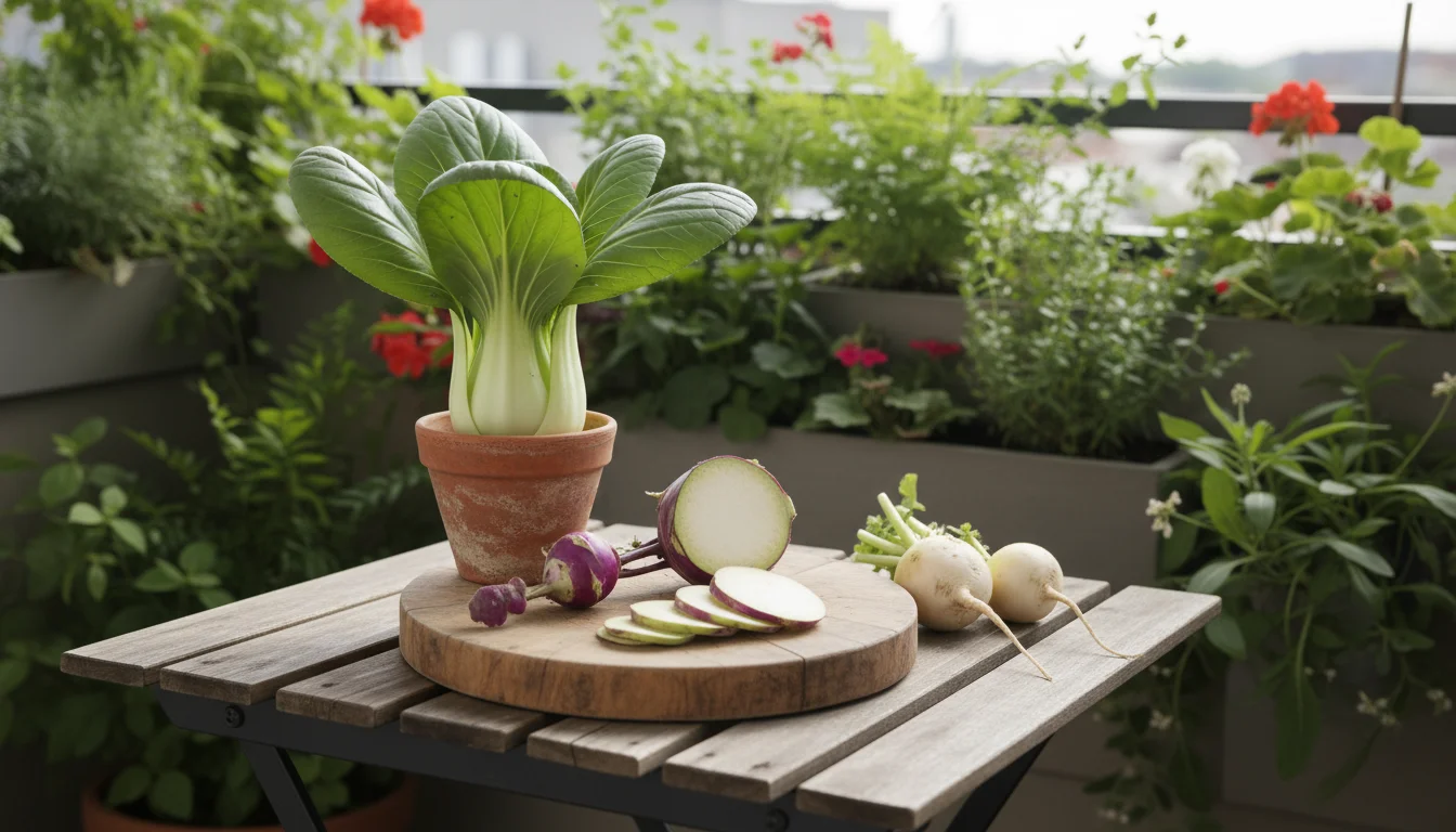 Freshly harvested kohlrabi (sliced), pak choi, and turnips on a small patio table, with container plants in the background.
