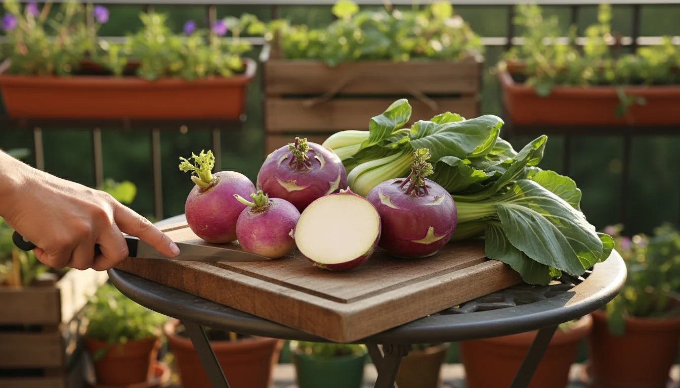 Freshly harvested purple kohlrabi, small turnips, and pak choi on a wooden cutting board on a sunny patio, ready for cooking.