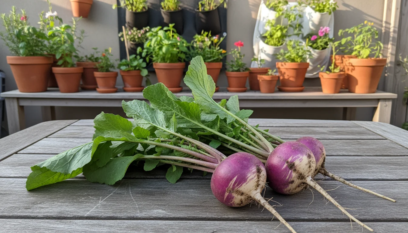 Freshly harvested purple and white turnips with green tops lie on a wooden patio table, a container garden visible in the background.