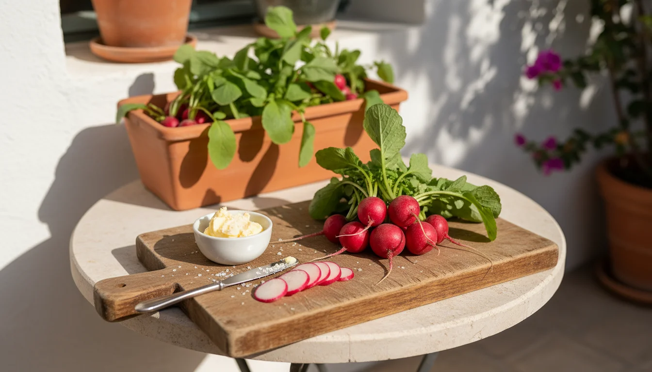 Freshly harvested red radishes, whole and sliced, with a small dish of butter and sea salt on a wooden board.