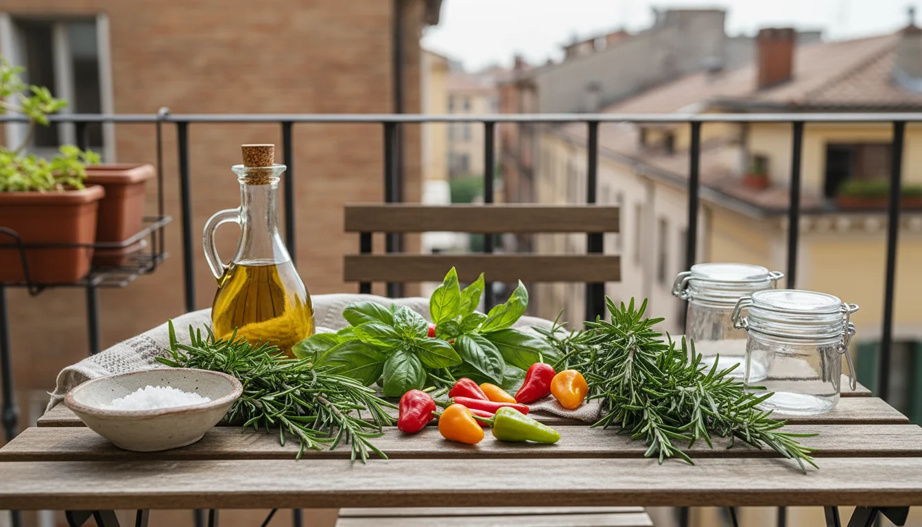 Freshly harvested rosemary, basil, and small chili peppers arranged with a bowl of sea salt, olive oil, and empty jars on a rustic balcony table, with