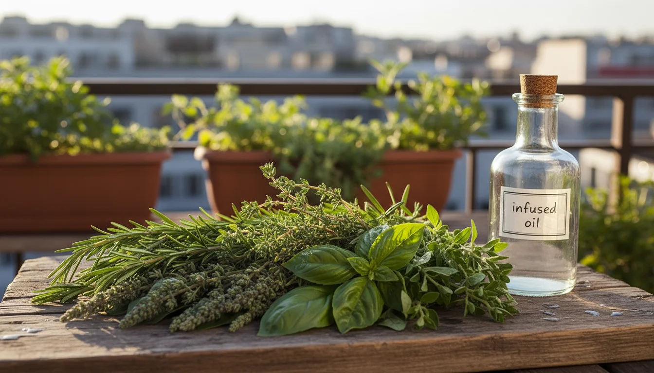 Freshly harvested rosemary, thyme, oregano, and basil leaves arranged on a rustic wooden surface, with a glass bottle in the background.
