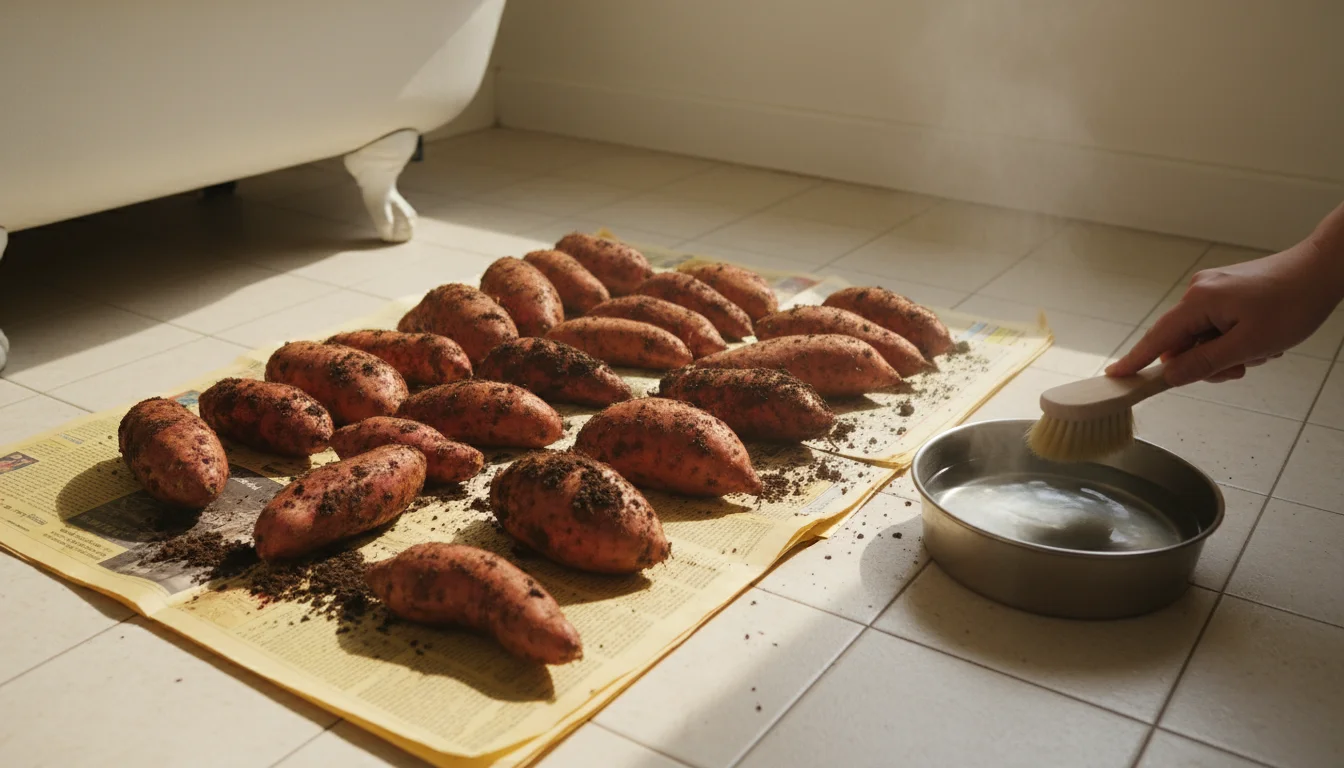 Freshly harvested, soil-dusted sweet potatoes curing on newspaper on an apartment bathroom floor. A hand gently adjusts a tuber.