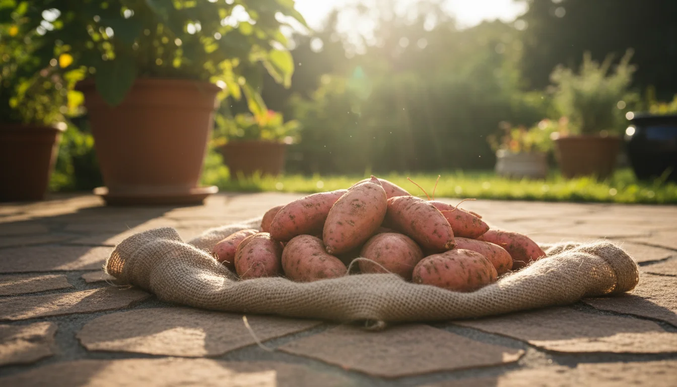 Freshly harvested sweet potatoes curing on burlap cloth on a flagstone patio, with container plants in the background.