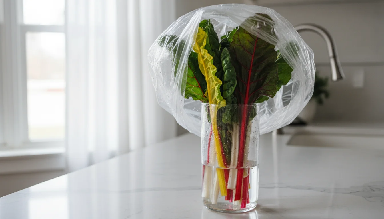 Freshly harvested Swiss chard stored upright in a clear glass of water, covered with a plastic bag on a kitchen counter.