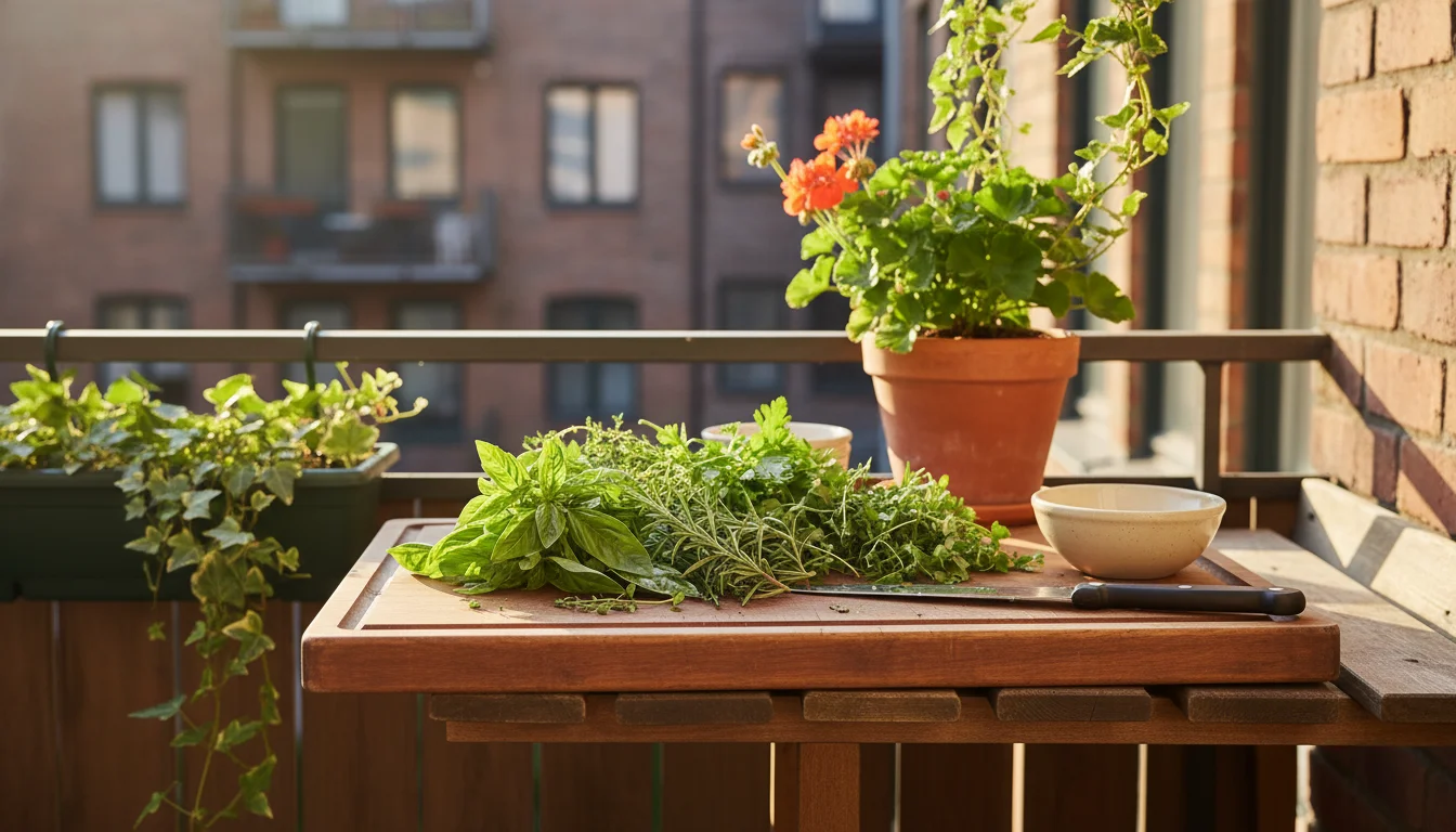 Freshly picked herbs, a cutting board, a chef's knife, and a bowl of salt on a small table on a balcony with container plants.