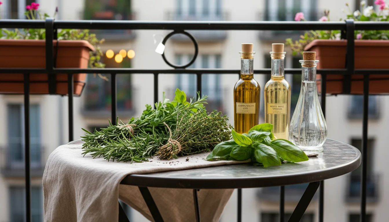 Freshly picked rosemary, thyme, and basil bundles on a balcony table with bottles of olive oil, grapeseed oil, and white wine vinegar.