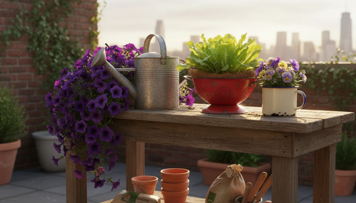 Freshly planted spring herbs and flowers thriving in repurposed containers—a colander, enamel mug, and galvanized bucket—on a rustic patio potting ben