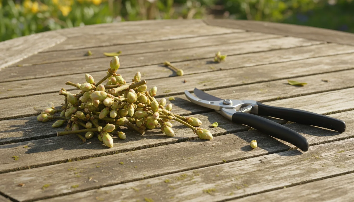 Close-up of freshly pruned shrub branches with undeveloped flower buds lying on a wooden patio table next to bypass pruners, with a sparse container p