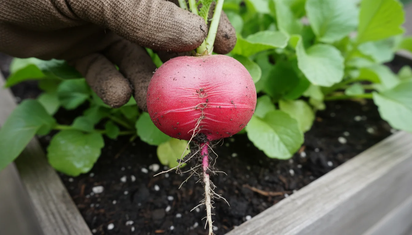 Close-up of a freshly pulled, cracked, and spongy radish held against moist soil in a balcony planter box, with blurred leaves.