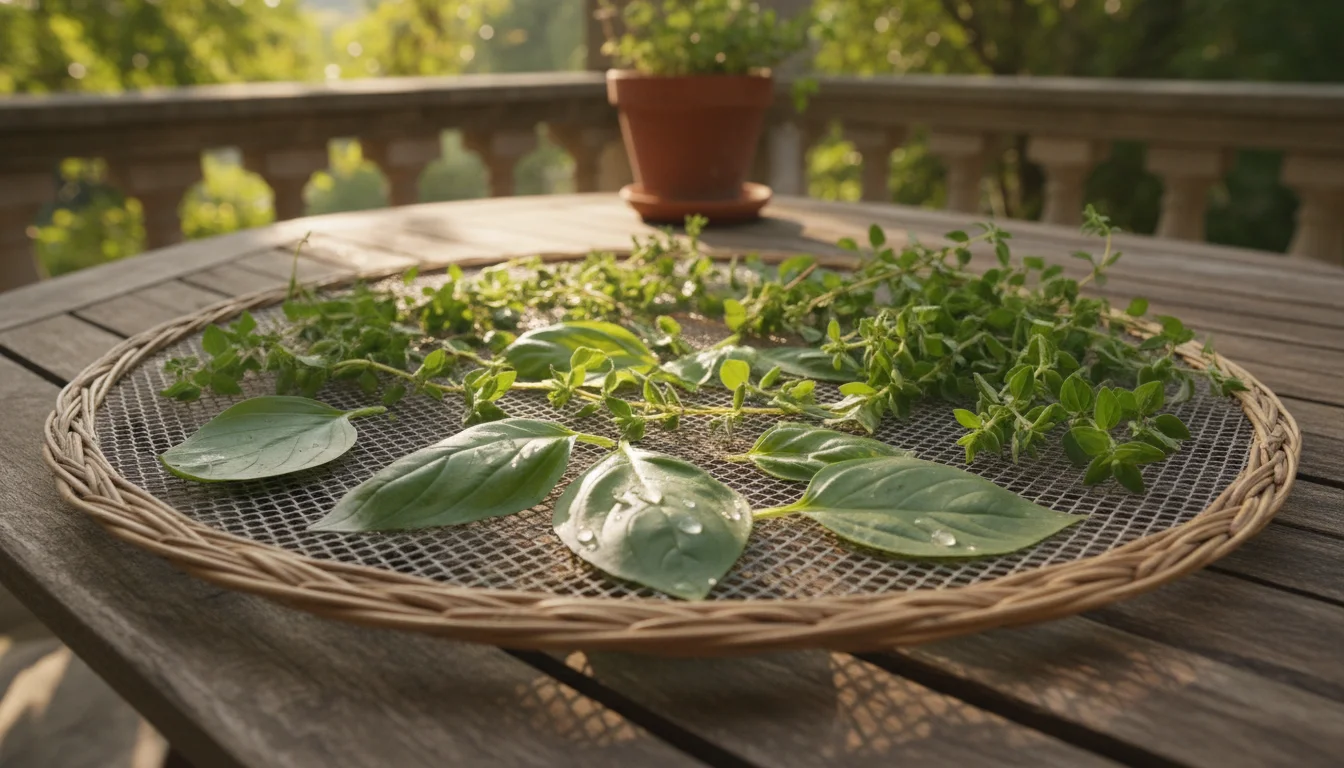 Freshly rinsed basil, thyme, and oregano loosely drying on a mesh rack on a sun-dappled patio table, emphasizing airflow.