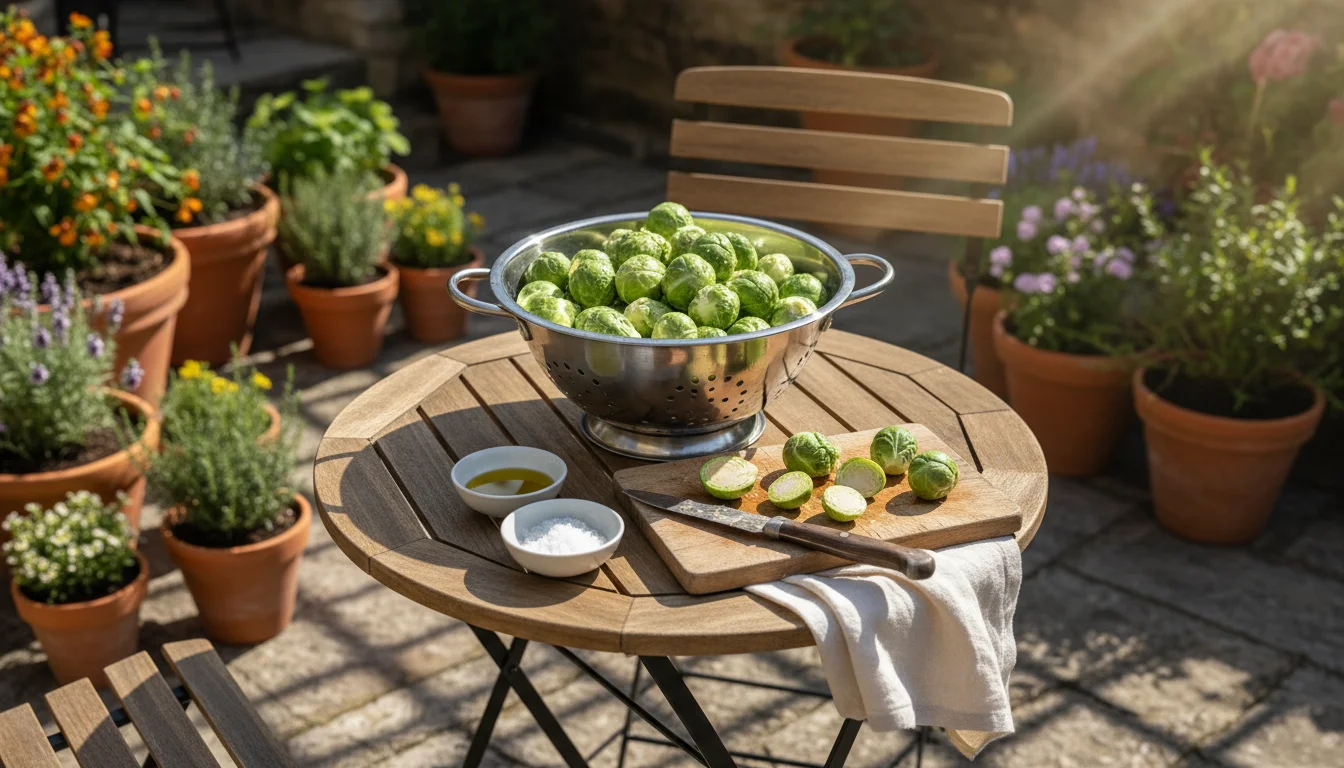 Freshly washed Brussels sprouts in a metal colander and trimmed sprouts on a cutting board on a sunny patio table.