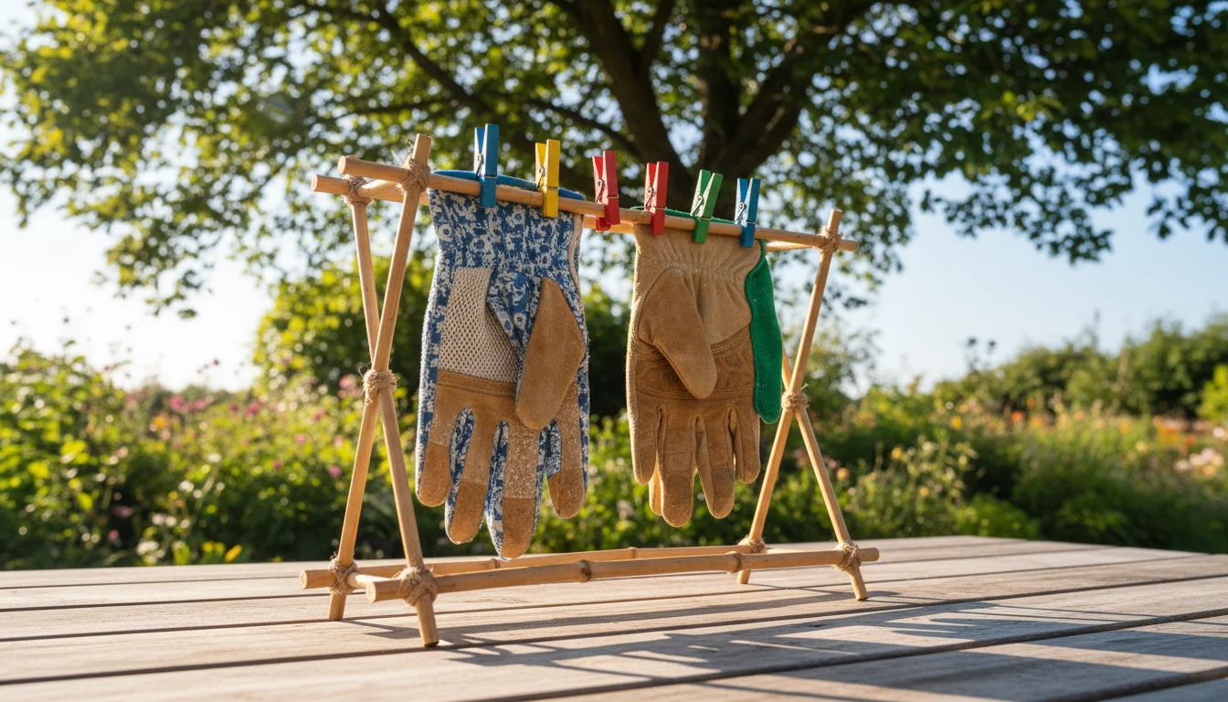 Freshly washed fabric and leather gardening gloves drying on a compact rack on a sunny urban balcony amidst container plants.