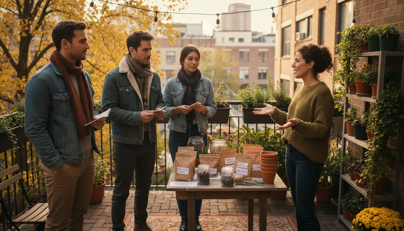 A friendly host explains a fall plant and seed swap to a small group of apartment gardeners on a cozy urban balcony.