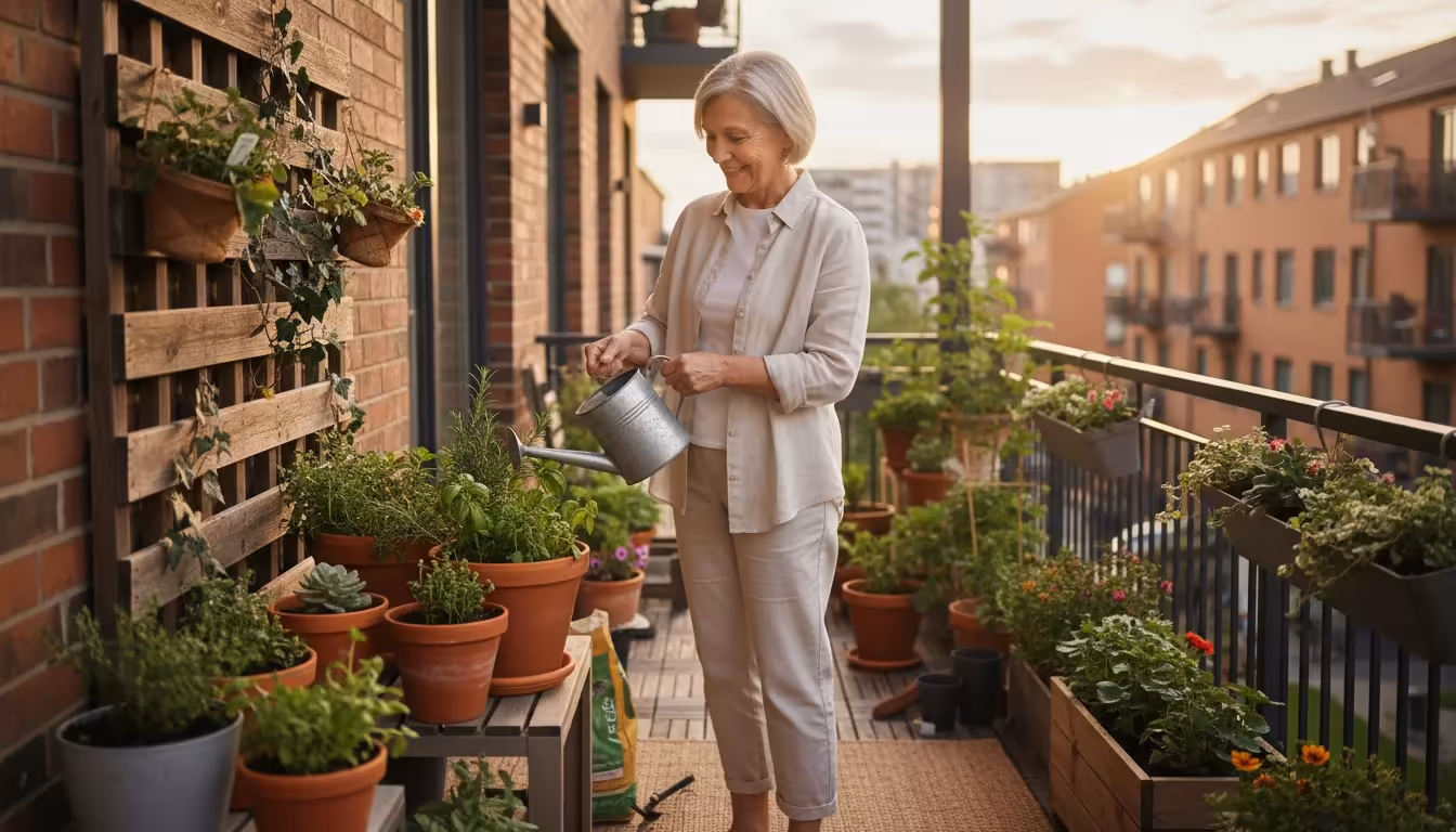 A friendly neighbor gently waters a balcony container garden filled with various terracotta pots and a vertical planter in the evening light.