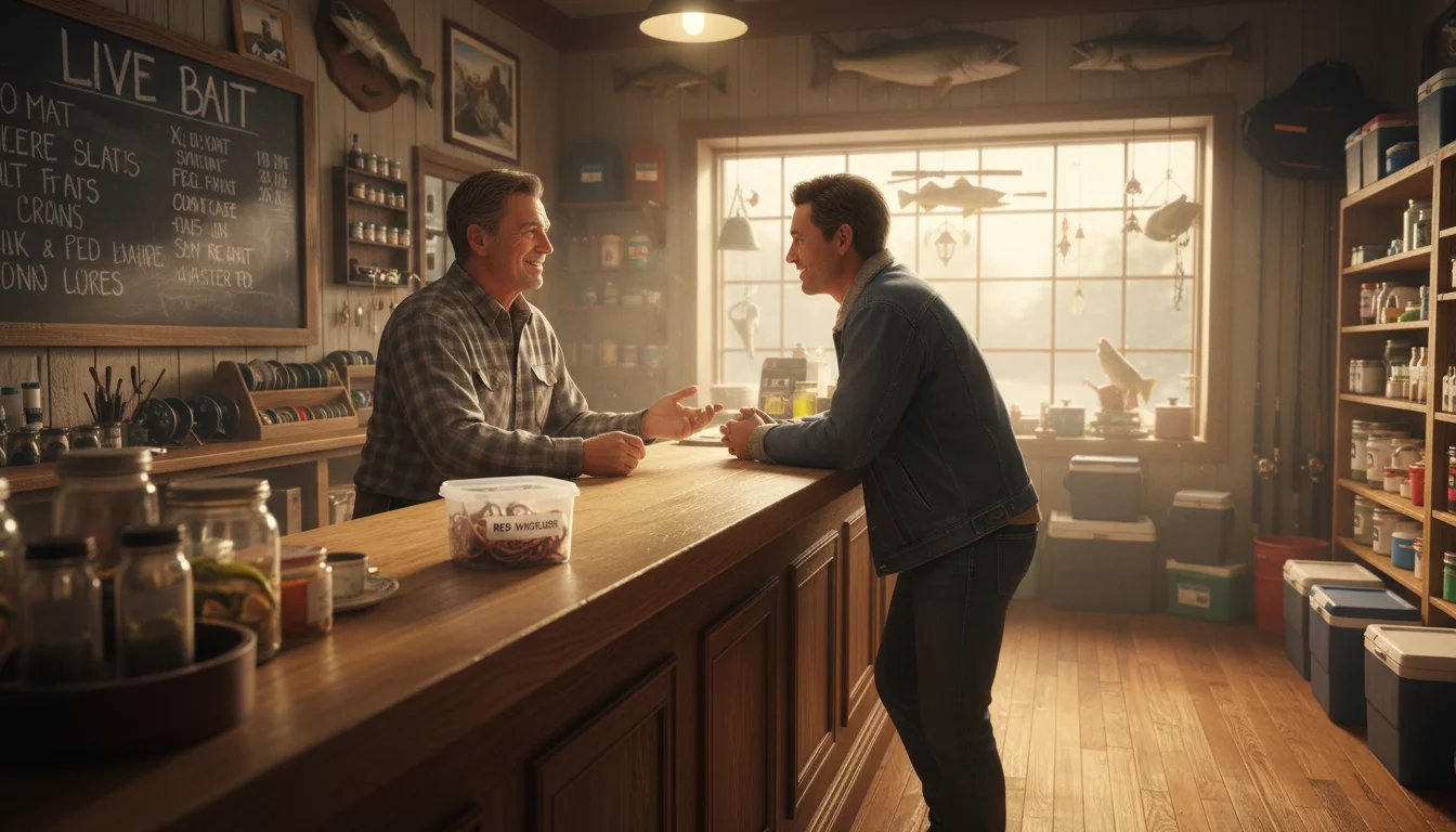 A friendly shop owner converses with a customer over a counter in a local bait shop. A clear container of Red Wigglers is on display.