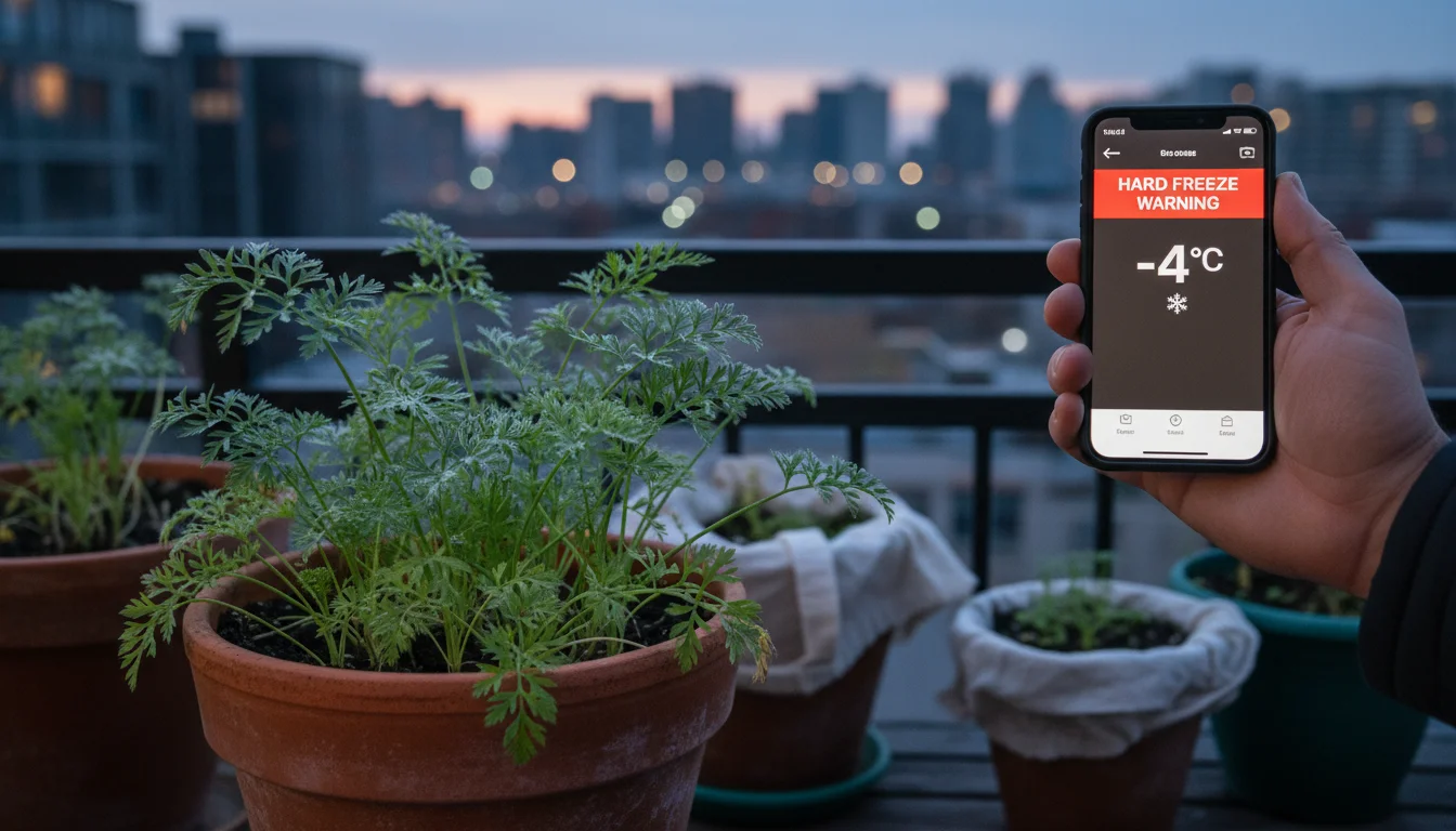 Close-up of frost-kissed carrot plants in a pot next to a hand holding a smartphone with a hard freeze warning.