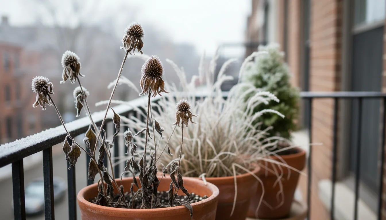 Close-up of frosted dried coneflower seed heads and ornamental grass plumes in terracotta pots on a balcony, with a blurred evergreen in soft winter l