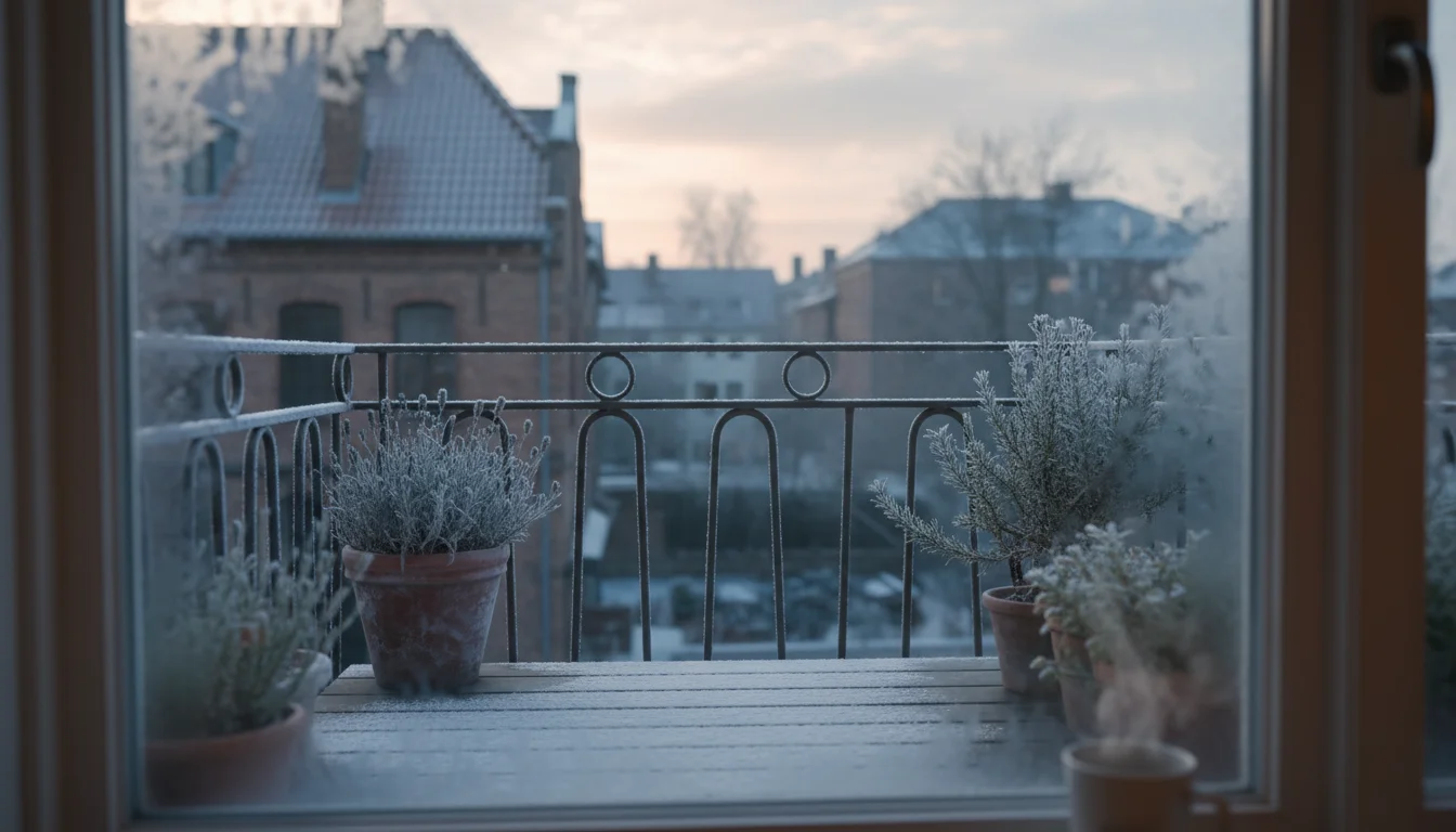 A slightly frosted window offers a view of a dormant urban balcony garden with containers in soft winter light, hands holding a warm mug indoors.