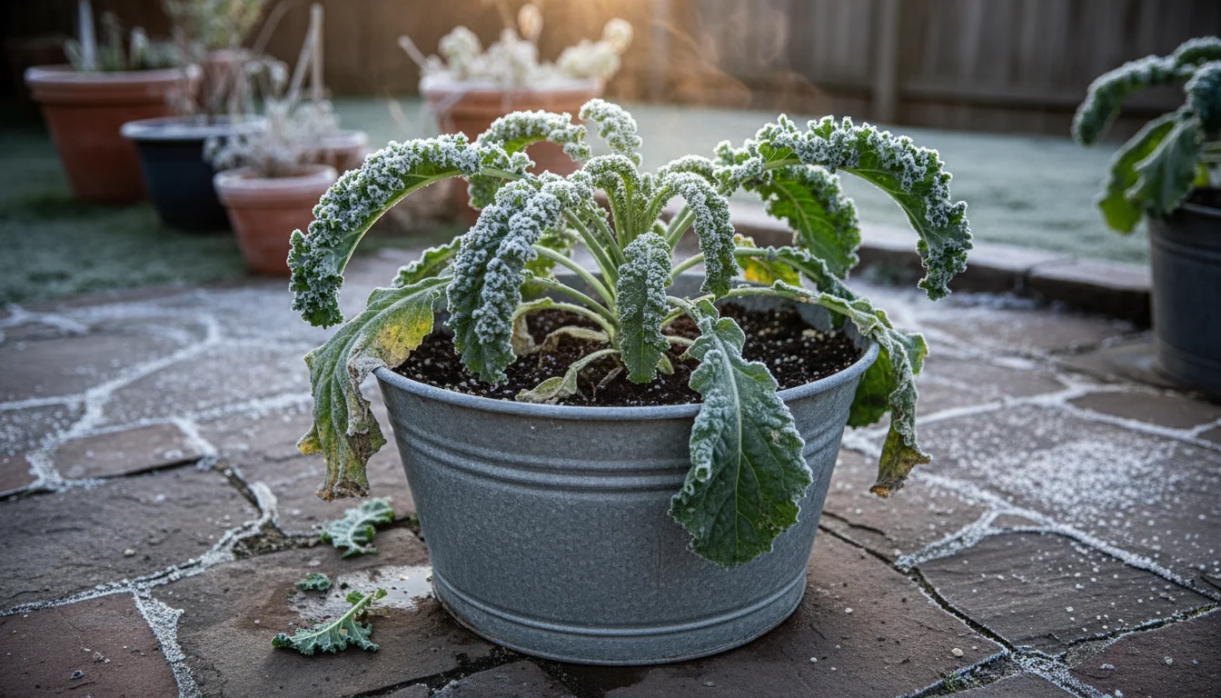 Frozen curly kale in a galvanized tub on a patio, with hoarfrost on lower leaves and sunlight melting ice on upper leaves.