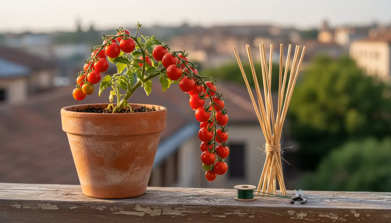 Eye-level shot of a fruit-laden micro-tomato plant in a terracotta pot on a balcony railing, with small bamboo skewers and a mini wire tomato cage bes