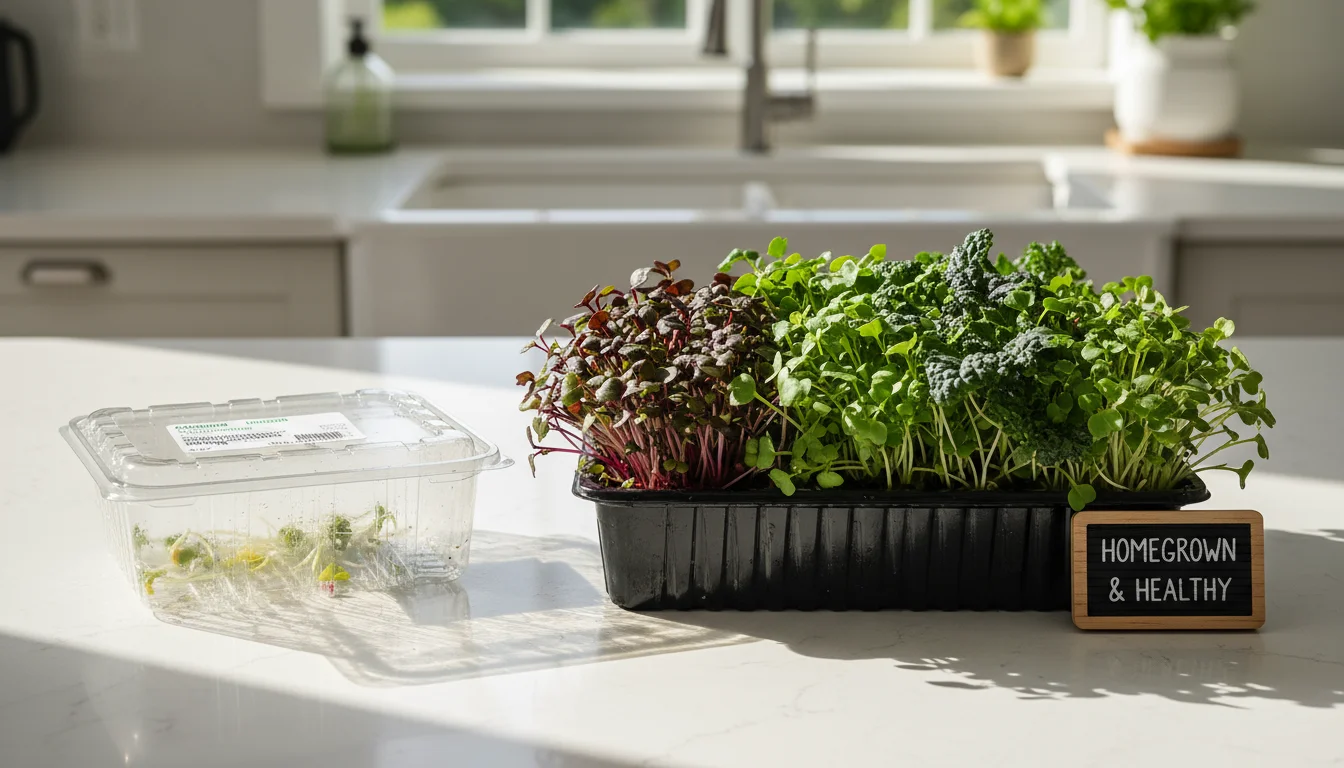 A full, vibrant tray of home-grown microgreens sits next to a small, nearly empty plastic grocery store container on a sunlit kitchen counter.