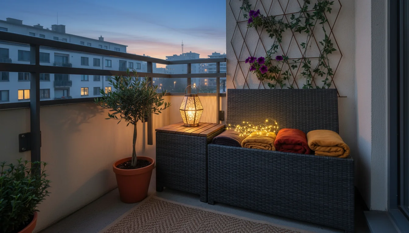 A functional urban balcony corner at dusk with a storage bench, solar lantern, roll-down screen, and organized decor.